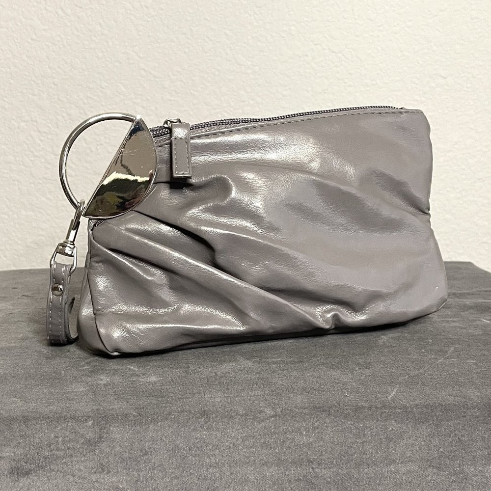 Gray Leather Clutch Purse with Chrome Details